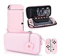 DLseego Étui de transport rose pour interrupteur OLED dégradé avec 10 emplacements, coque rigide de protection avec 4 capuchons de pouce en forme de patte de chat à paillettes et 1 chaîne en fleurs
