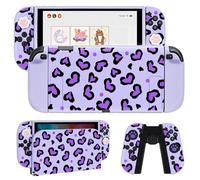 DLseego Housse de Protection Compatible avec Switch 2,Coque Souple Dockable en TPU Léopard Cœur avec Coque Switch 2 Dock,Cover de Poignée et 4 PCS Poignées Pouce,Violet