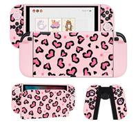 DLseego Housse de Protection Compatible avec Switch 2,Coque Souple Dockable en TPU Léopard Cœur avec Coque Switch 2 Dock,Cover de Poignée et 4 PCS Poignées Pouce,Rose