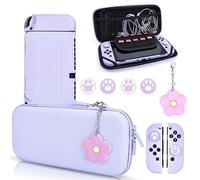 DLseego Purple Switch - Étui de transport OLED avec 10 emplacements - Coque rigide de protection pour station d'accueil avec 4 capuchons de pouce en forme de patte de chat mignon et 1 chaîne en fleurs