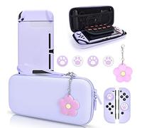 DLseego Switch Étui de transport avec 10 emplacements Coque rigide de protection avec 4 capuchons à paillettes en forme de patte de chat et 1 chaîne en fleurs pour Switch 2017 (violet)