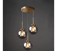 DLSixYi Lustre en laiton vintage industriel à 3 lumières Transparent/Gris fumé/Boule de verre ambre Suspension Cluster E27 Suspension pour îlot de cuisine Salon