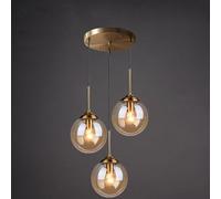 DLSixYi Lustre en laiton vintage industriel à 3 lumières Transparent/Gris fumé/Boule de verre ambre Suspension Cluster E27 Suspension pour îlot de cuisine Salon