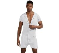 DLSMDOUS Pyjama Onesie à Manches Courtes pour Hommes Pyjama Une Pièce Sexy Combinaison Barboteuse Extensible pour Adultes Blanc XL