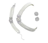 DLUKENY Parure de bijoux multicouches avec collier et boucles d'oreilles et bracelet de fausses perles pour mariée et soirées, perles d'imitation