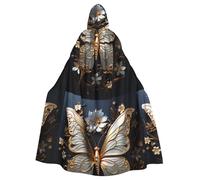 DLXW Renaissance adulte cape à capuche polyester cape victorienne capelle médiévale hobbit Halloween costume or blanc papillons