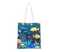 DLXW Sac fourre-tout léger et durable en toile de polyester recyclée, sac fourre-tout, sac d'épicerie de cuisine, portable multifonctionnel. Sac de courses bleu sous-marin du monde des poissons