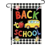 DLZDN Drapeau de jardin pour la rentrée scolaire, bus scolaire, livre de crayons, drapeau de premier jour d'école, drapeau double face Buffalo Plaid Fa
