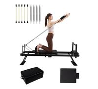 DMJLI-T Réformateur Pilates, Pilates Reformer avec 4 Ressorts et 5 Cordons Élastiques en Latex, Machine de Pilates Pliable avec Tremplin pour Utilisateurs Avancés et Débutants,Black-10box