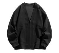 Dmmtot Cardigan à manches longues pour homme en tricot avec col en V et fermeture éclair - Léger - Bouton ouvert sur le devant - Poches - Manteau à col en V, noir 1, 8XL