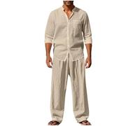 Dmmtot Ensemble 2 pièces en lin pour homme avec cordon de serrage, pantalon long, chemise boutonnée, manches retroussables, ensemble de costume de plage et de mariage, ensemble de vacances léger et