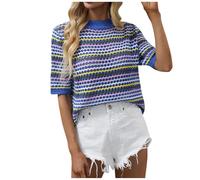 Dmmtot Pull à manches 3/4 pour femme - Pull coloré à rayures - Tricot court - Streetwear quotidien - Léger - Confortable - Doux - Classique - Haut tendance, bleu 1, S