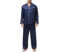Dmmtot Pyjama 2 pièces en soie pour homme - Coupe ample - Confortable - Manches longues - Chemise boutonnée - Respirant - Léger - Couleur unie - Poche poitrine - Taille S à XXL, Bleu marine (Navy1), L