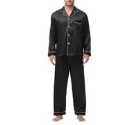 Dmmtot Pyjama 2 pièces en soie pour homme - Coupe ample - Confortable - Manches longues - Chemise boutonnée - Respirant - Léger - Couleur unie - Poche poitrine - Taille S à XXL, noir 1, L