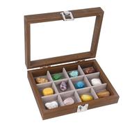Dmnnlp Boîte de présentation en bois pour bijoux, 12 compartiments avec couvercle en verre transparent, boîte de rangement pour collection de bijoux, fossiles en pierre précieuse, cristal (Marron