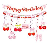 Dmnnlp Lot de 17 décorations de fête en forme de cerise, bannière d'anniversaire à paillettes et tourbillon à suspendre sur le thème « She's The Cherry On Top » pour fêtes prénatales, fêtes d'enfants