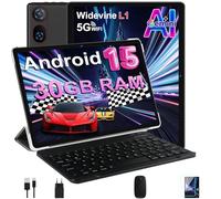 DMOAO Tablette 10" Android 15 avec clavier, Gemini AI, 30 Go de RAM + 64 Go de ROM (extension 2 T), Wi-Fi 5G, Widevine L1, Octa-Core, GPS, Face ID, FHD IPS, 6000 mAh, USB, noir