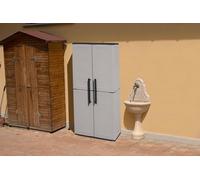 Dmora - Armoire porte-balai extérieure polyvalente, armoire 2 portes, 100% Made in Italy, finition rayée, 68x37h163 cm, gris et noir