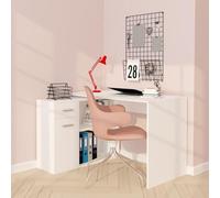 Dmora Benk Bureau d'angle 120 x 92 x 74 cm de hauteur, blanc, un tiroir, 2 étagères