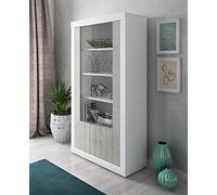 Dmora Bibliothèque à deux portes avec verre et étagères internes développées en hauteur, 105 x 42 x h191 cm, couleur blanc et béton