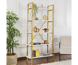 Dmora - Bibliothèque Martone, Etagère de Bureau, Porte-Livre Mobile, Librairie, 90x34 h180 cm, Blanc et Or