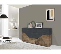 Dmora - Buffet Carlo, Buffet de Cuisine avec 4 Portes géométriques, Buffet de Salon, Buffet de Cuisine, 100% Made in Italy, 159x43h86 cm, Ardoise et Érable