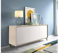 Dmora - Buffet Fresia, Buffet avec 3 portes et 1 étagère réglable, Buffet de salon élégant, Meuble TV, 100% Made in Italy, 184x45h77 cm, Blanc et Chêne