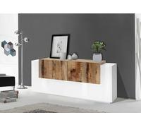 Dmora - Buffet Gennaro, Buffet de cuisine avec 7 portes, Buffet de salon, Buffet de cuisine, 100% Made in Italy, 200x45h86 cm, Blanc brillant et érable
