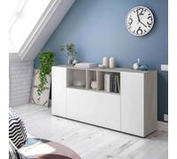 Dmora - Buffet haut Paterson, Buffet moderne à 3 portes, Buffet de salon à compartiments, Buffet de salon, Meuble TV, cm 150x41h76, Blanc et Ciment