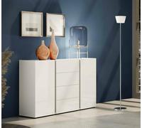 Dmora Libreville, Buffet de Salon, Meuble de Cuisine, fabriqué en Italie, 140 x 38 x 92 cm, Blanc Brillant et Anthracite, Matériau Plaque en mélamine de 16 mm, Bois Technique en polypropylène