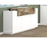 Dmora - Buffet Renzo, Buffet de cuisine avec 4 portes, Buffet de salon, 100% Made in Italy, 140x45h86 cm, Blanc brillant et érable