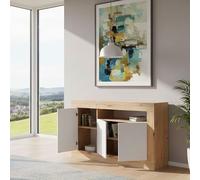 Dmora - Buffet Thornton, Armoire de salon avec compartiments, Meuble TV moderne, Buffet de salon 3 portes, 144x42h87 cm, Chêne noué et Blanc