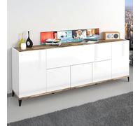 Dmora Buffet Vittorio, buffet de salon, 100 % fabriqué en Italie, 200 x 40 h 82 cm, blanc brillant et érable