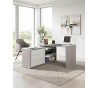 Dmora Bureau avec possibilité de Montage d'angle avec Trois tiroirs et Deux étagères, Couleur Blanc Brillant et béton, 140 x 74,2 x 150 cm, Bois d'ingénierie