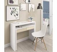 Dmora - Bureau Billings avec Plateau Extensible, 2 Tiroirs, 99x36h88 cm, Blanc et Chêne
