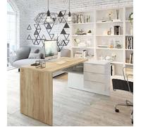Dmora - Bureau Greensboro, 145 x 108 x 73 cm, chêne, blanc, Panneau effet bois