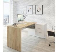 Dmora - Bureau Greensboro Réversible Multifonctionnel, Table d'Angle Avec Support PC et Tiroirs, 145x108h73 cm, Chêne et Blanc