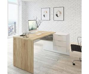 Dmora - Bureau Greensboro Réversible Multifonctionnel, Table d'Angle Avec Support PC et Tiroirs, 145x108h73 cm, Chêne et Blanc
