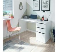 Dmora - Bureau Reedsport, Bureau réversible avec 3 tiroirs, Table de Bureau Multi-Positions Gain de Place, 138x60h74 cm, Blanc