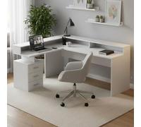 Dmora - Bureau Salomone, Bureau d'angle avec Plateau, Bureau Polyvalent, 180x90h160 cm, Blanc