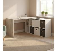 Dmora - Bureau Vallejo, Bureau multi-positions réversible multifonction, Table d'étude ou de bureau pour PC avec étagère, 136x139h74 cm, Blanc et Ciment