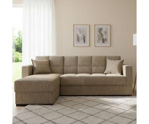 Dmora - Canapé d'angle Convertible Fernando, Canapé d'angle réversible, Canapé Rangement Salon avec méridienne et 2 Coussins, 230x150h81 cm, Beige