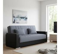 Dmora - Canapé lit 3 places Sergio, Canapé de rangement en éco-cuir et tissu, Canapé avec ouverture clic-clac et 2 coussins, 230x96h101 cm, Noir et Gris