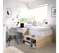 Dmora - Composition de la Chambre à Coucher Cervino, Lit Simple pour Chambre, Ensemble avec Bureau et étagères, 195x134h73 cm, Blanc et Chêne