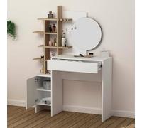 Dmora Console Thalassius 35 x 35 x 151h cm Blanc chêne Miroir Inclus 2 étagères, 2 Compartiments