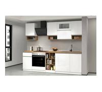 Dmora - Cuisine complète Attiko, 255x60xh85 cm, Blanc brillant, Chêne, Panneau effet bois et Verre