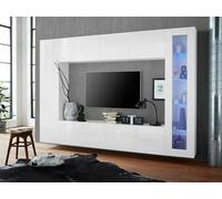 Dmora - Élément mural Luigi, meuble TV 4 portes, Meuble de salon polyvalent, 100% Made in Italy, 260x30h180 cm, Blanc brillant, avec lumière LED bleue et vitrine