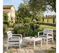 Dmora - Ensemble de salon d'extérieur Benevento, Composition de jardin avec 2 fauteuils et 1 table basse, Salon intérieur et extérieur avec coussins, 100% Made in Italy, Blanc