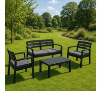 Dmora - Ensemble de salon d'extérieur Massa, Composition de jardin avec 2 fauteuils, 1 canapé et 1 table basse, Salon intérieur et extérieur avec coussins, 100% Made in Italy, Anthracite