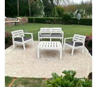 Dmora - Ensemble de salon d'extérieur Massa, Composition de jardin avec 2 fauteuils, 1 canapé et 1 table basse, Salon intérieur et extérieur avec coussins, 100% Made in Italy, Blanc